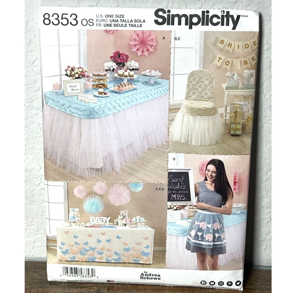 Simplicity 8353 Sew Pattern Party Tablecloth Cover Skirt Banner Apron Pom Uncut